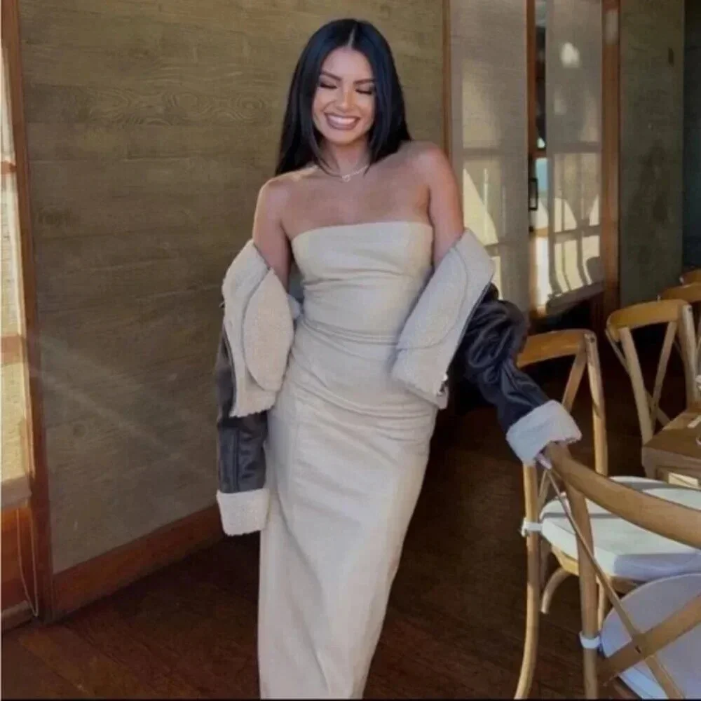 Zara Faux Leather Strapless Midi Dress Beige Blogger  Fav Size Small - Picture 15 of 15